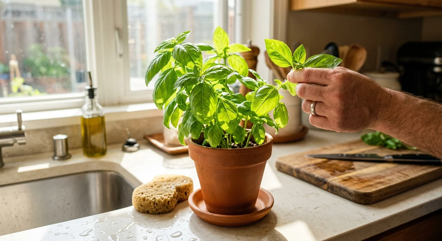 A person's hand pinching the leaves of a potted basil plant on a sunny kitchen counter near a sink.