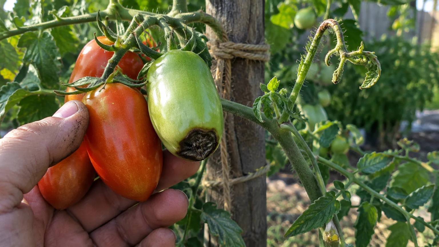 A gardener holds a cluster of Roma tomatoes, showing a green fruit with a sunken, dark black blossom end rot lesion.