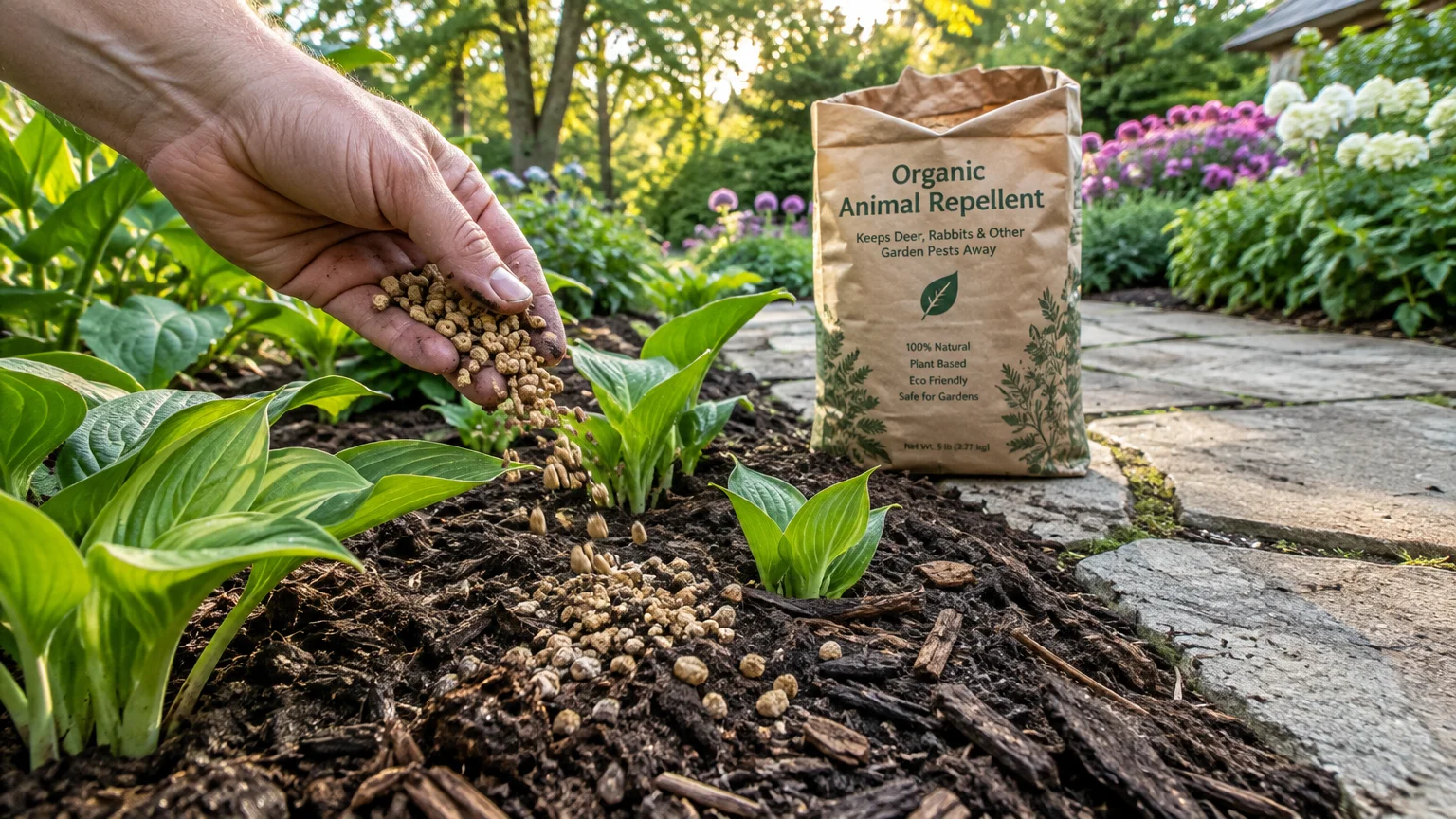 A hand scatters organic repellent granules over dark garden mulch next to green hostas and a brown paper repellent sack.