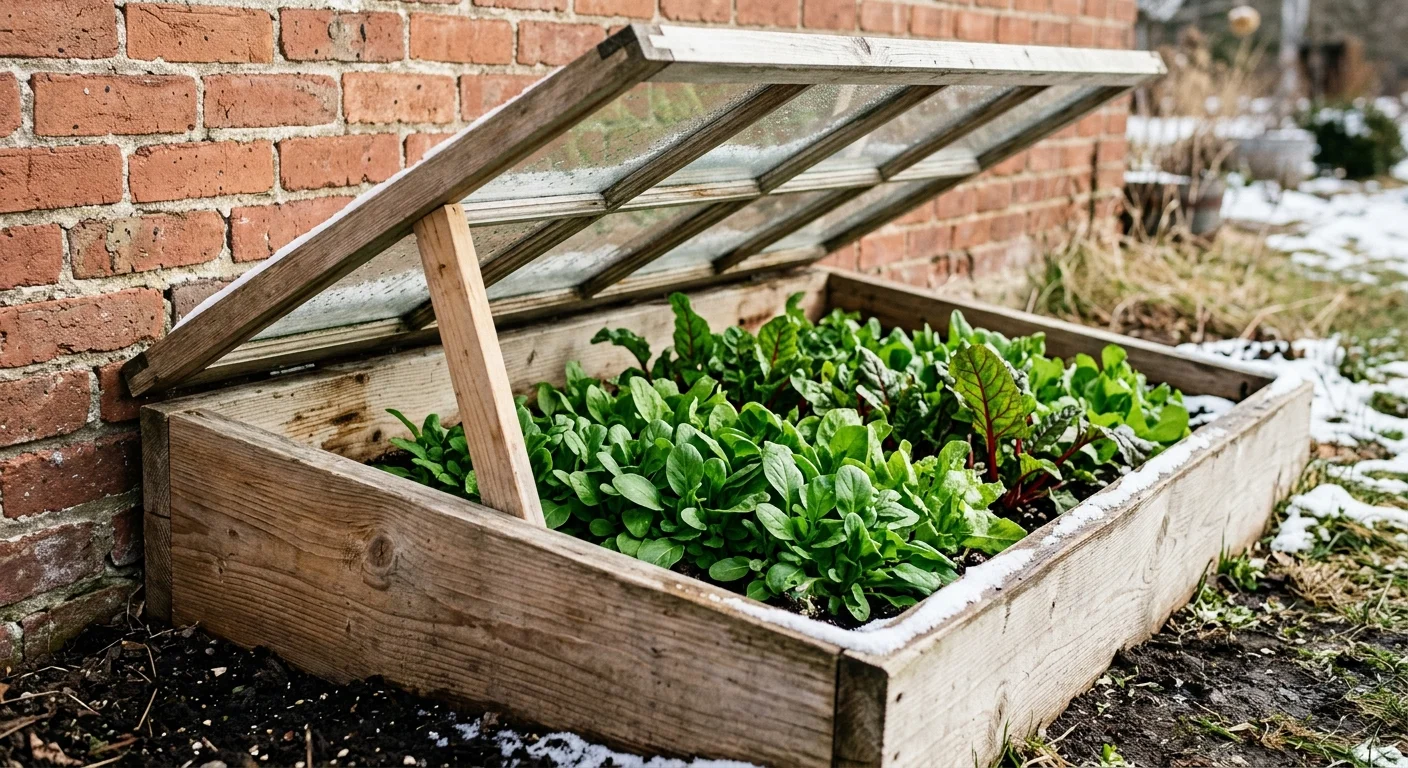 A wooden cold frame with a propped-open glass lid shelters lush green vegetables against a brick wall in light snow.