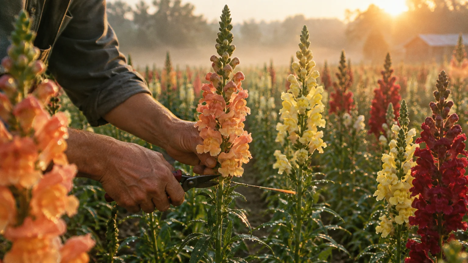 A gardener uses shears to cut a tall peach-colored snapdragon stem in a field of blooming flowers at sunrise.