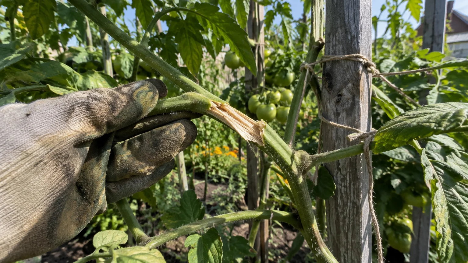 A gloved hand holds a broken tomato plant stem splintered open, tied to a wooden stake in a garden.