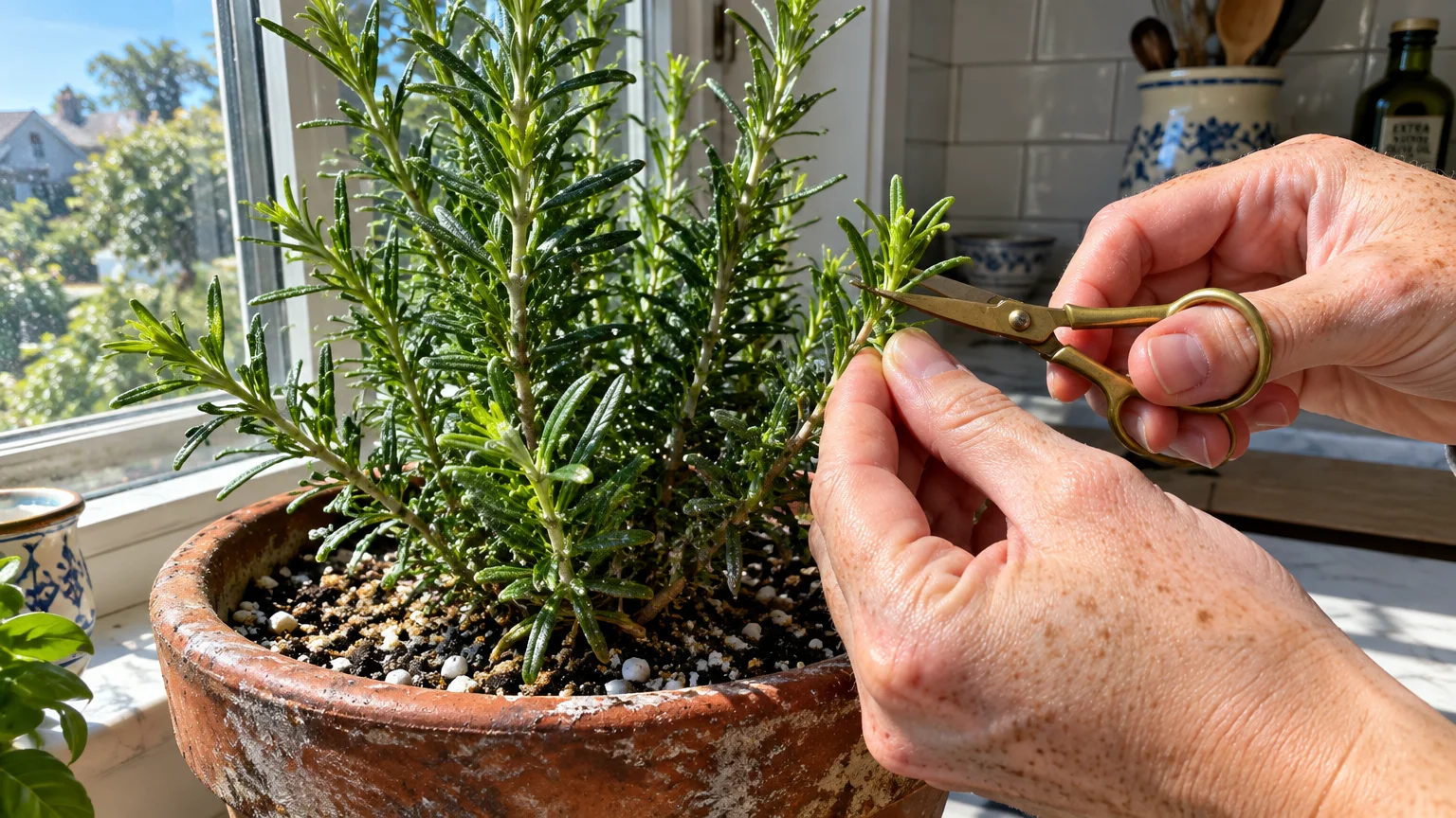 Hands using small brass shears to trim a sprig of fresh rosemary growing in a weathered terracotta pot by a sunny window.