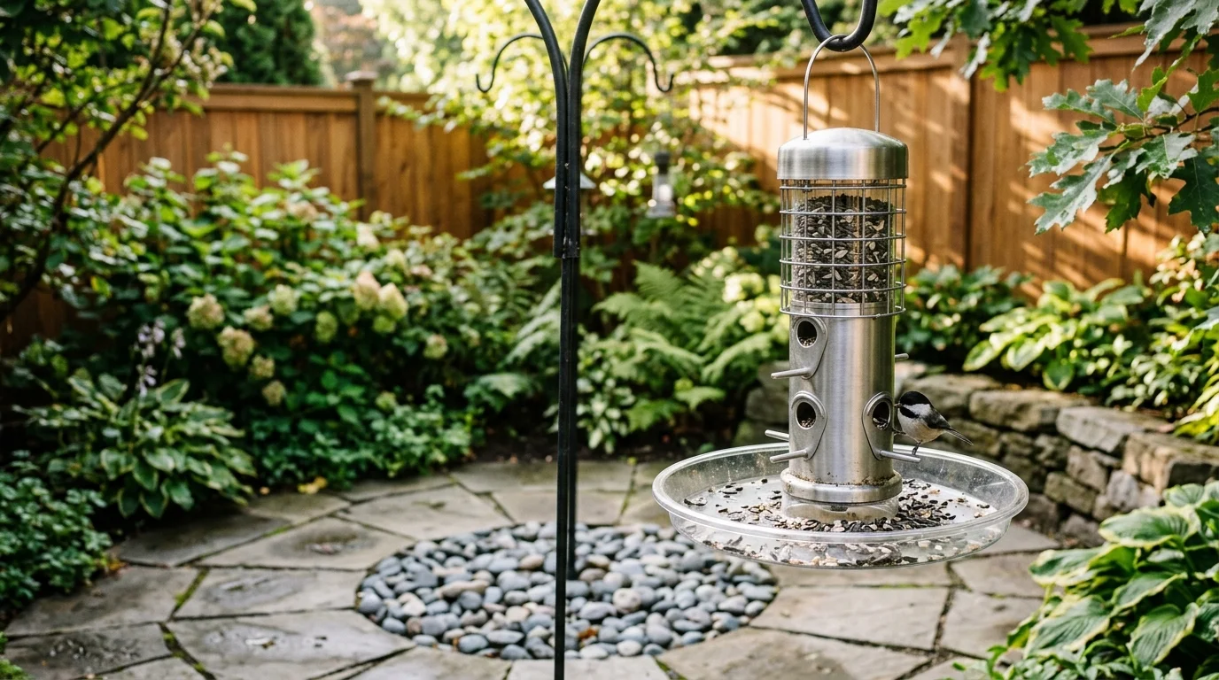 Metal hanging bird feeder with a clear catch tray in a backyard garden with a small chickadee perched on it.