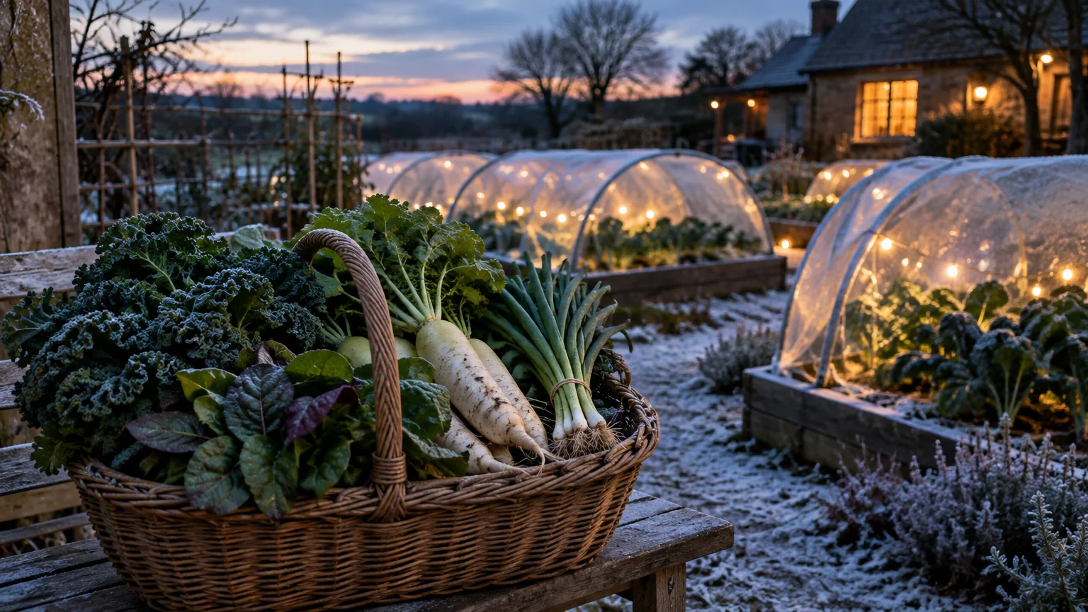Basket of freshly harvested winter vegetables on a frosted wooden bench beside illuminated hoop tunnels in a garden.