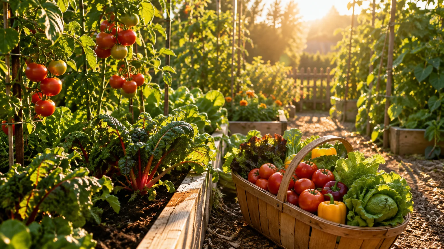 Wooden harvest basket filled with ripe tomatoes, peppers, and lettuce beside sunlit raised vegetable garden beds.