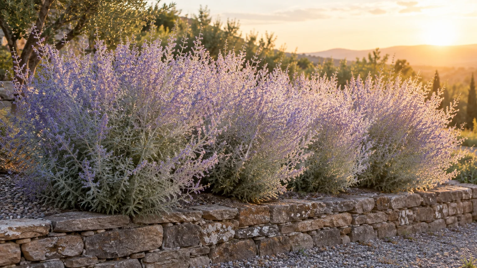 A row of bushy Russian sage plants with lavender-blue flowers growing atop a low stone retaining wall at sunset.