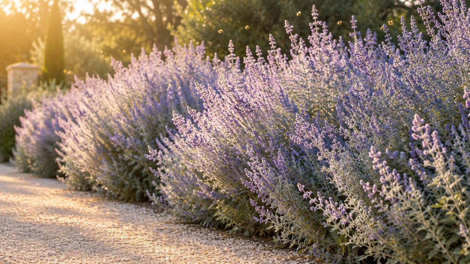 Long border of flowering lavender-blue Russian sage bushes lining a gravel pathway in warm golden sunlight.