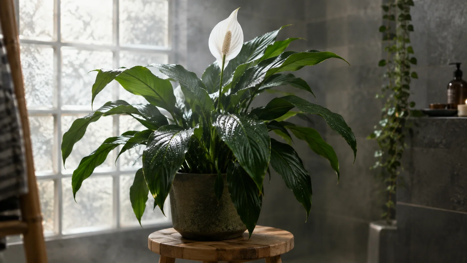 A potted peace lily with glossy green leaves and a single white spathe sits on a wooden stool near a frosted window.