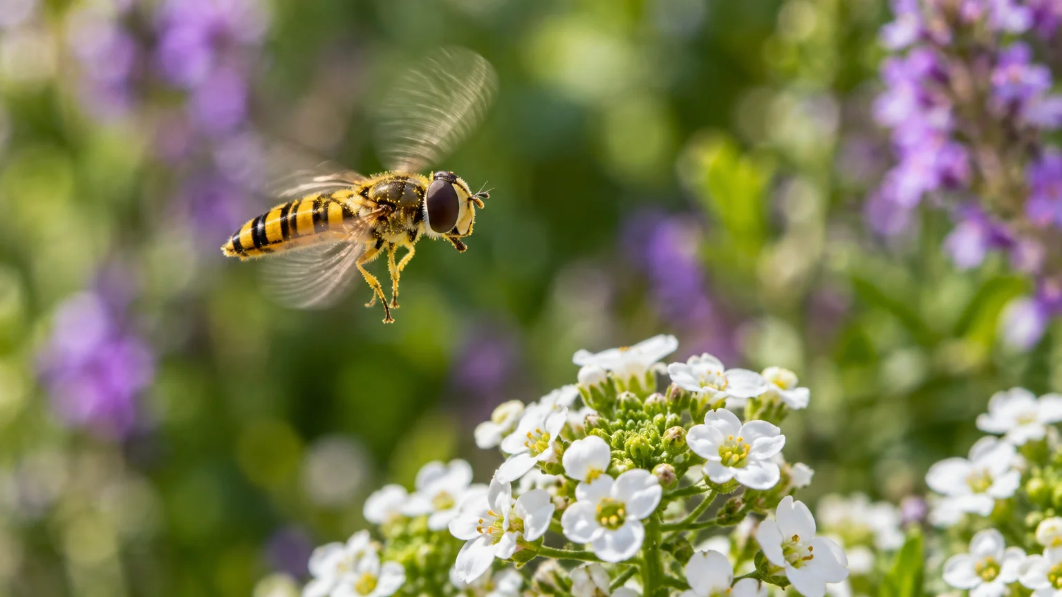 A yellow and black hoverfly hovers midair above small white flowers against a soft-focus garden background.