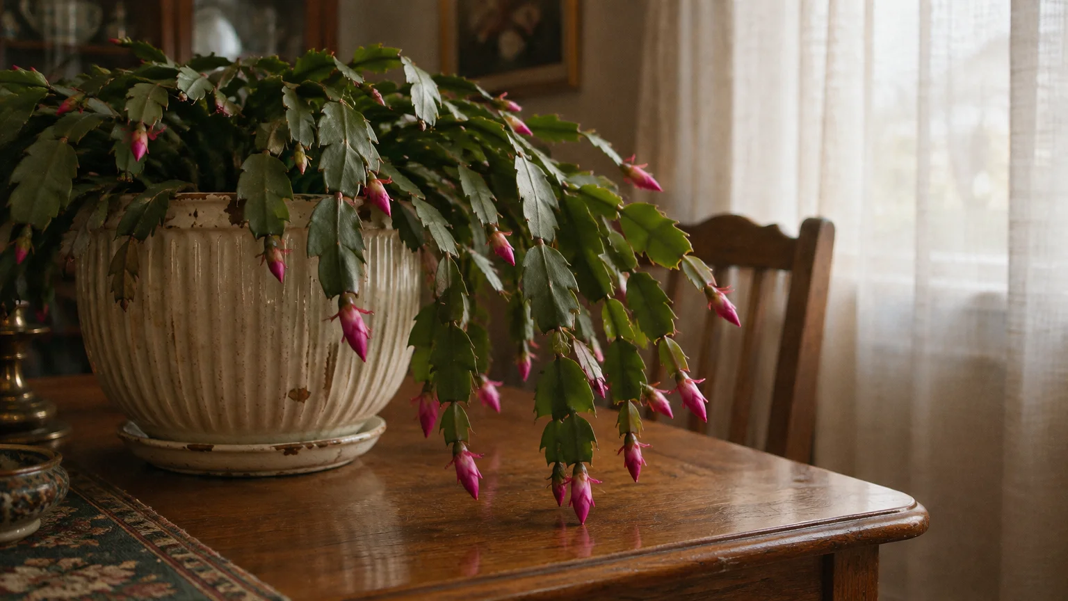 A holiday cactus with bright pink buds sits in a ribbed ceramic pot on a polished wooden table near a window.