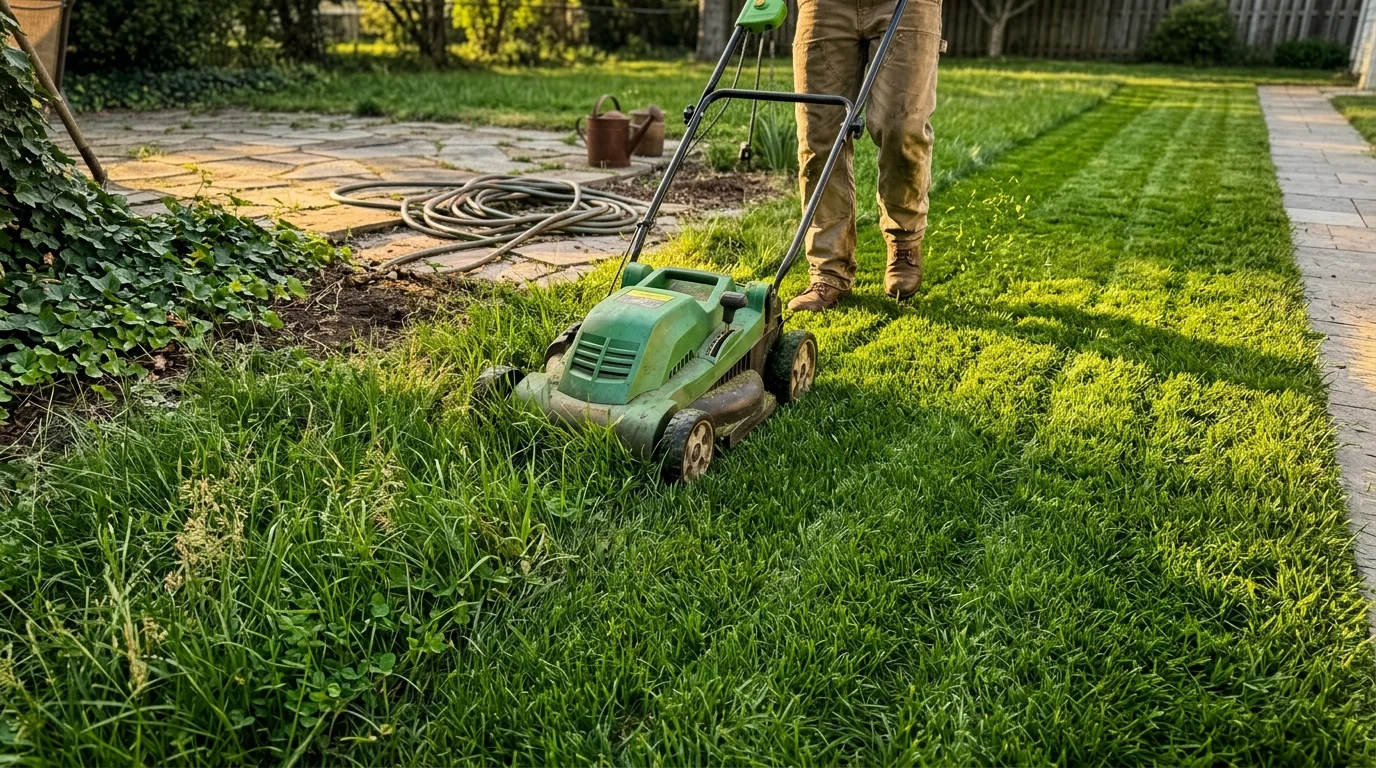 A person pushes a green lawn mower across a backyard lawn, cutting overgrown green grass next to a stone patio.