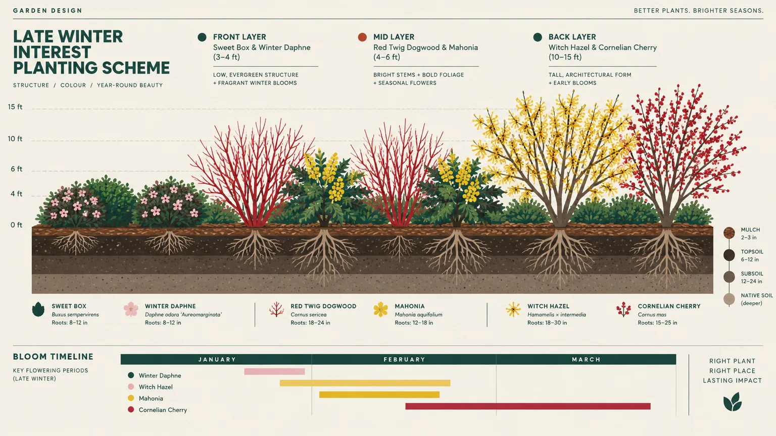 Planting diagram showing front, mid, and back layer shrubs by height, root depth, and a January through March bloom timeline.