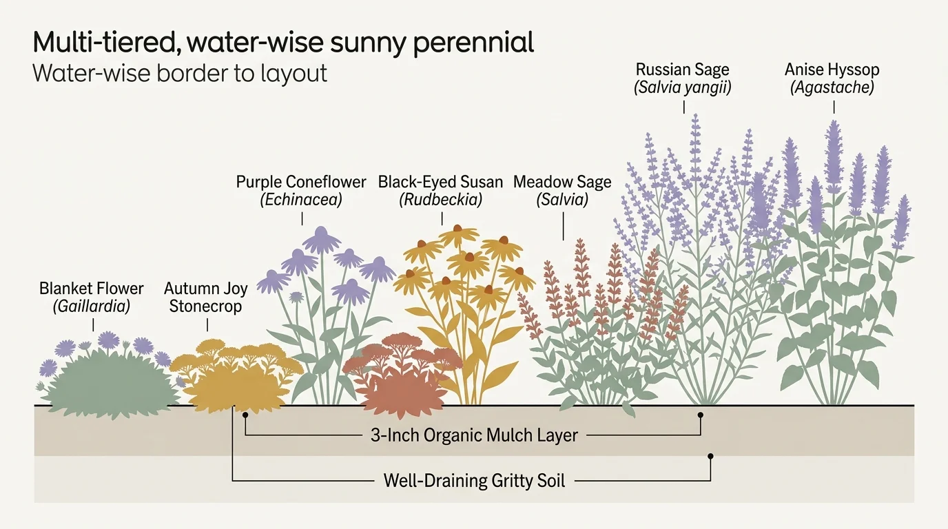Diagram of a multi-tiered perennial garden border with mulch and soil layers under labeled drought-tolerant flowers.