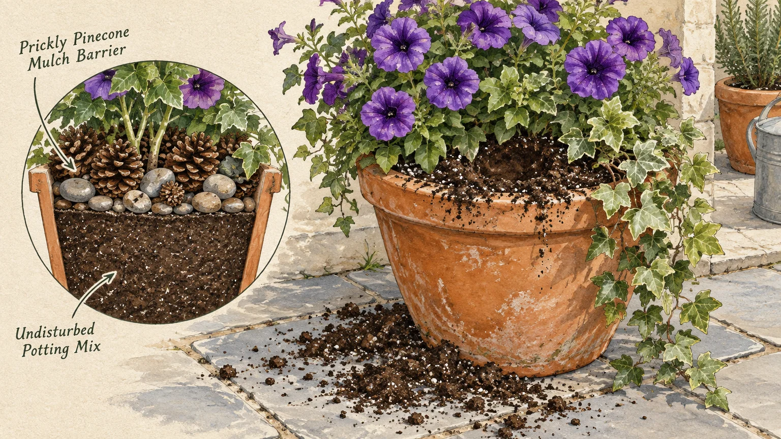 Terracotta pot with spilled soil next to an inset showing a pinecone and stone barrier over undisturbed potting mix.
