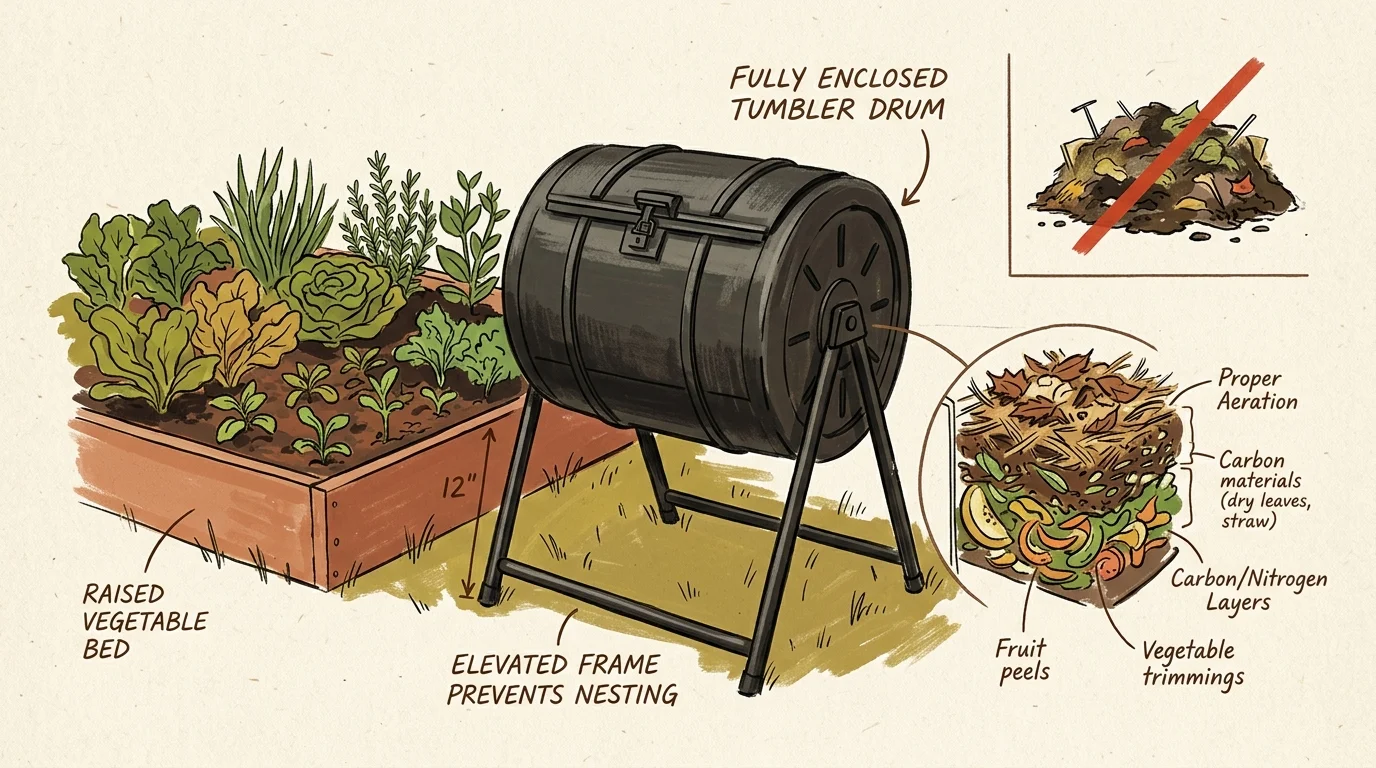 Illustration of a raised garden bed and an elevated compost tumbler drum beside compost layer diagrams.