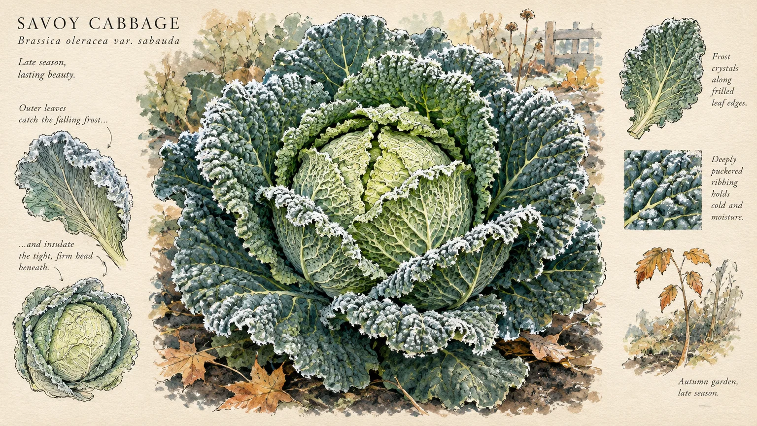 Botanical watercolor illustration of a savoy cabbage head covered in frost, surrounded by detailed leaf sketches and notes.