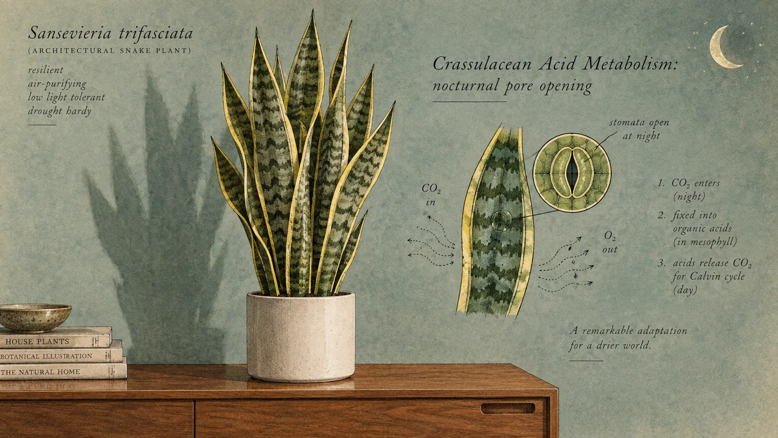 Illustration of a potted snake plant on a wooden credenza alongside a botanical diagram explaining night stomata opening.