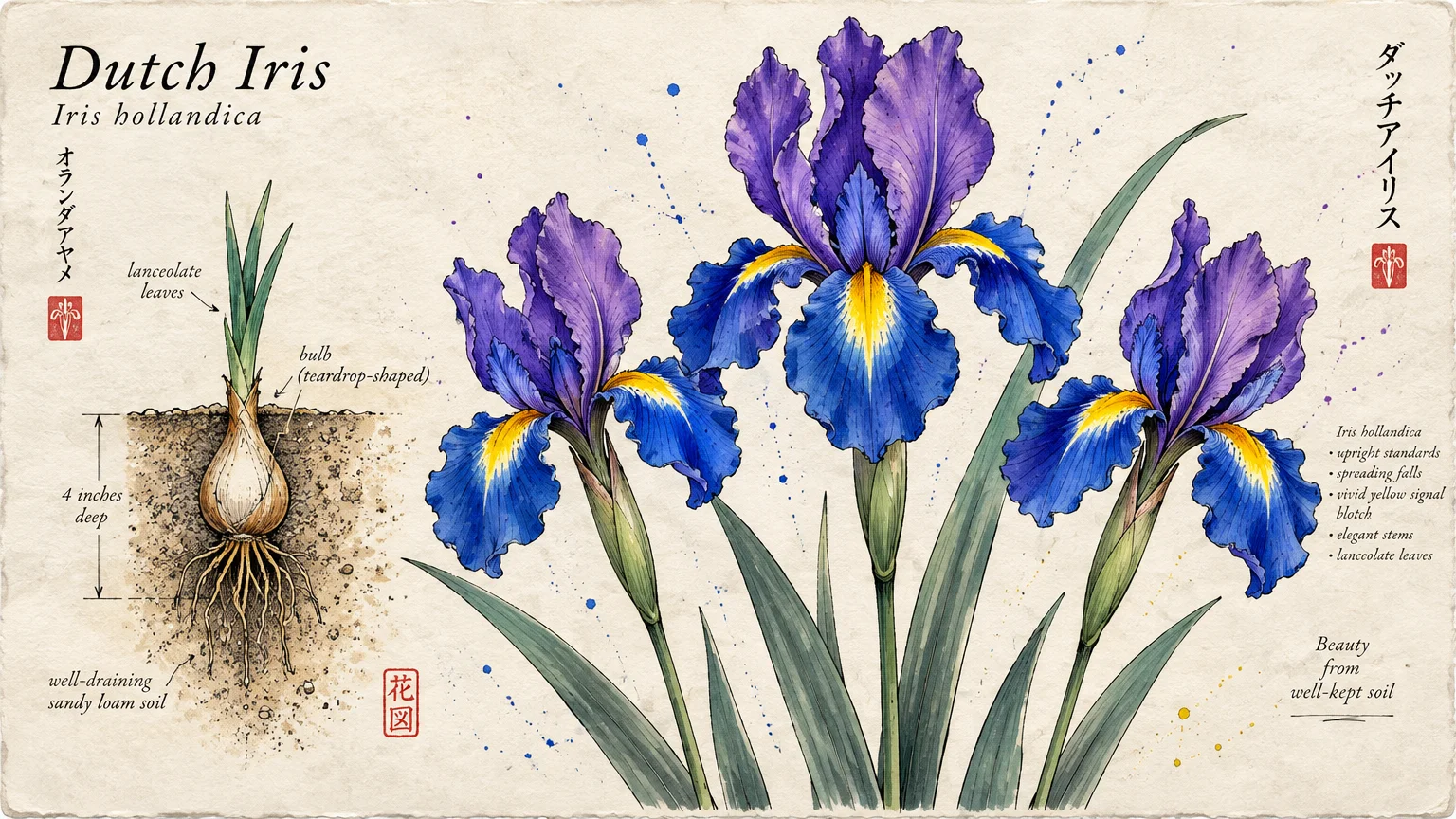 Botanical illustration of blooming purple and blue Dutch irises beside a planting diagram of a bulb in soil.