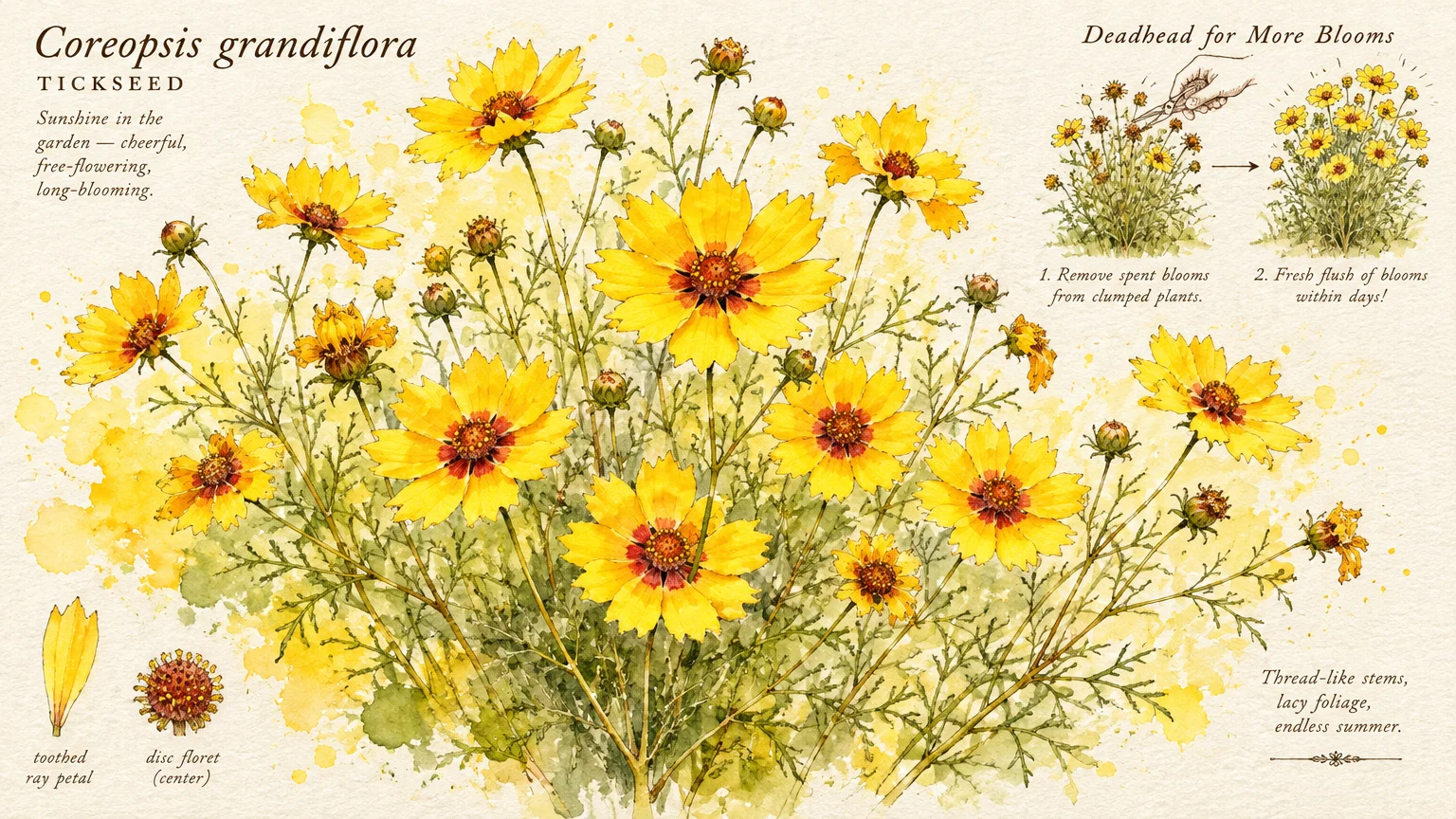Watercolor botanical illustration of yellow Coreopsis grandiflora blossoms with text notes and deadheading diagrams.