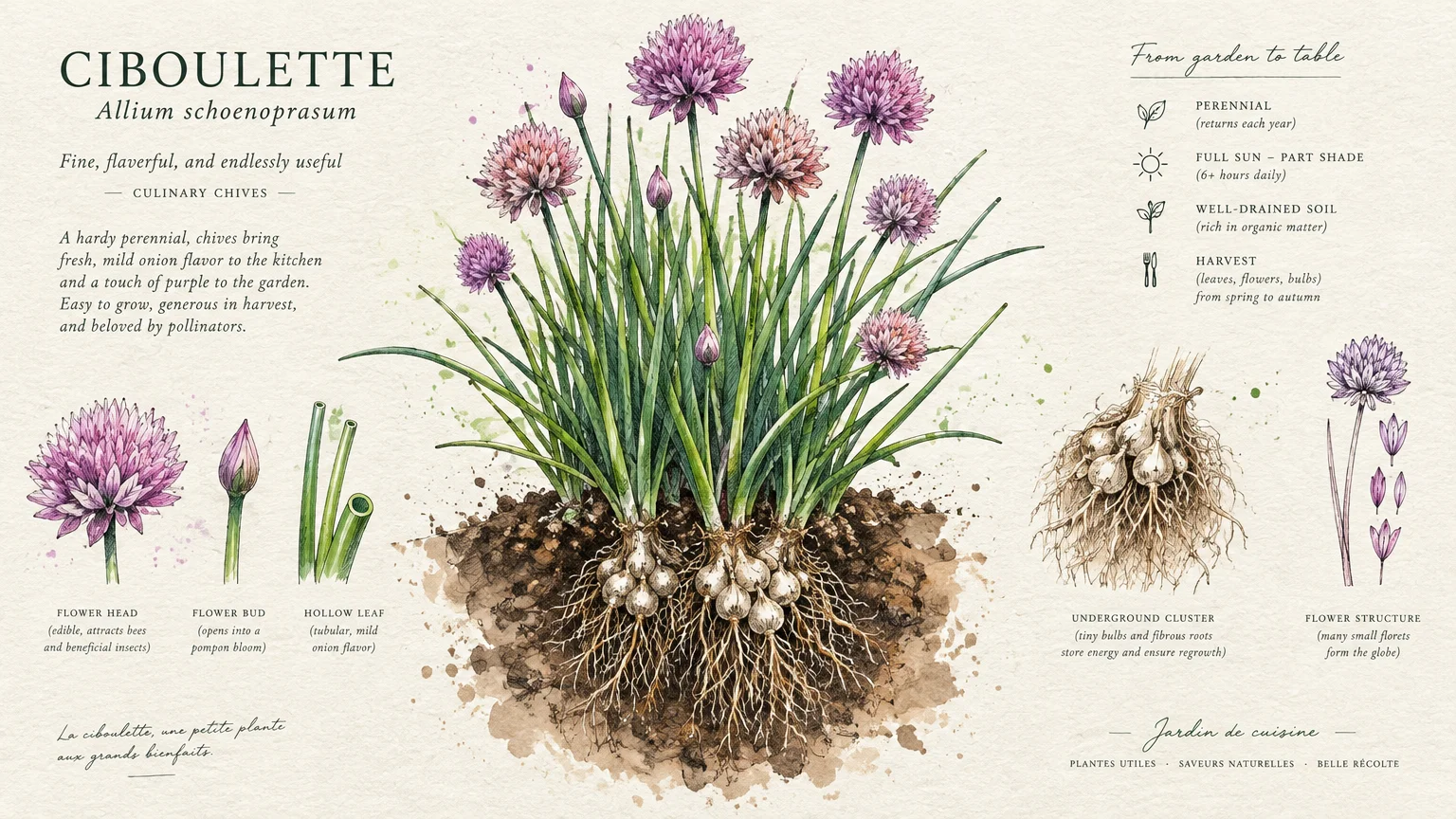 Botanical illustration of chive plants with purple blossoms, hollow stems, and detailed root systems with bulb clusters.