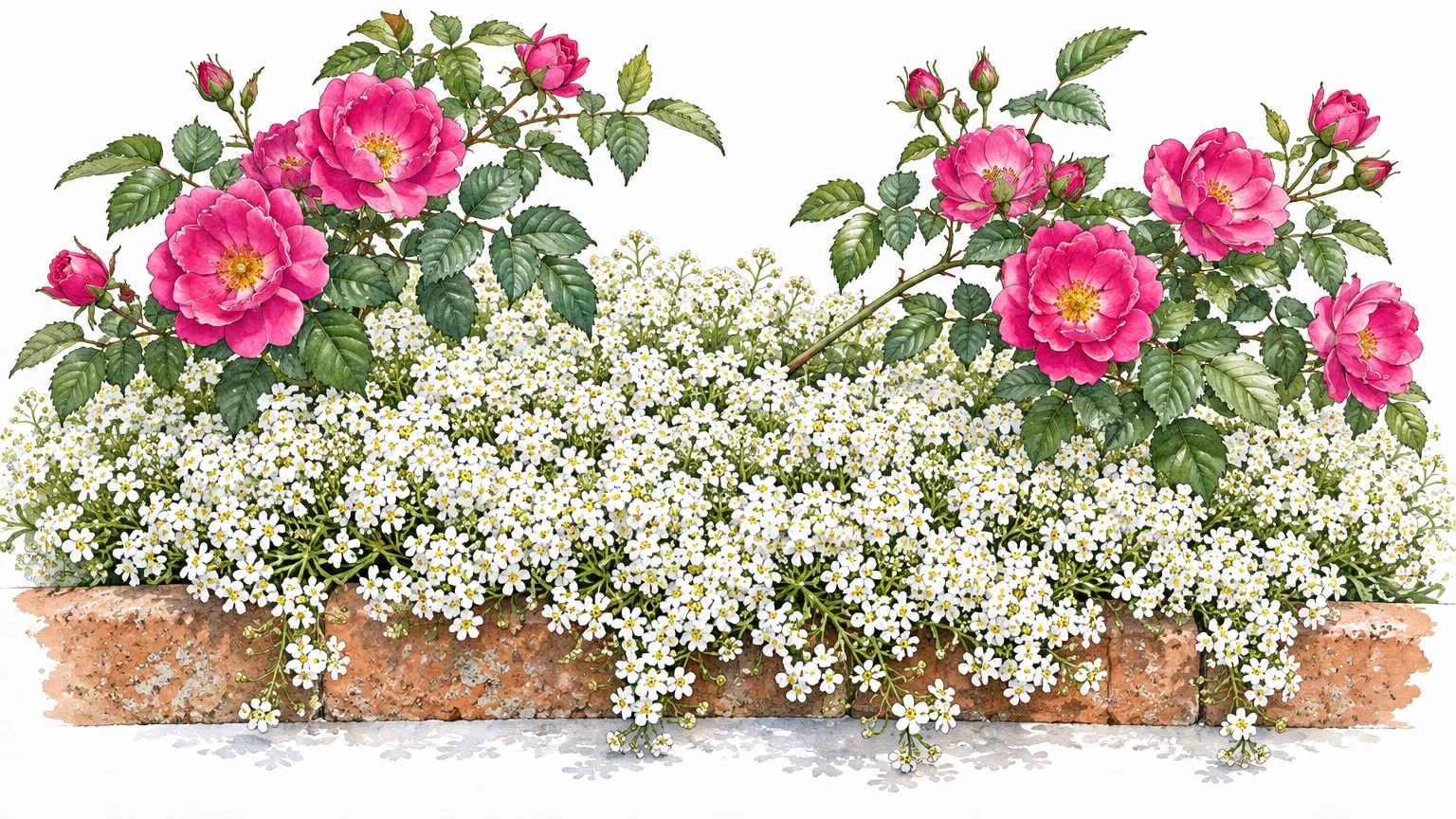 Watercolor illustration of bright pink wild roses blooming above a dense carpet of tiny white sweet alyssum along a brick edge.
