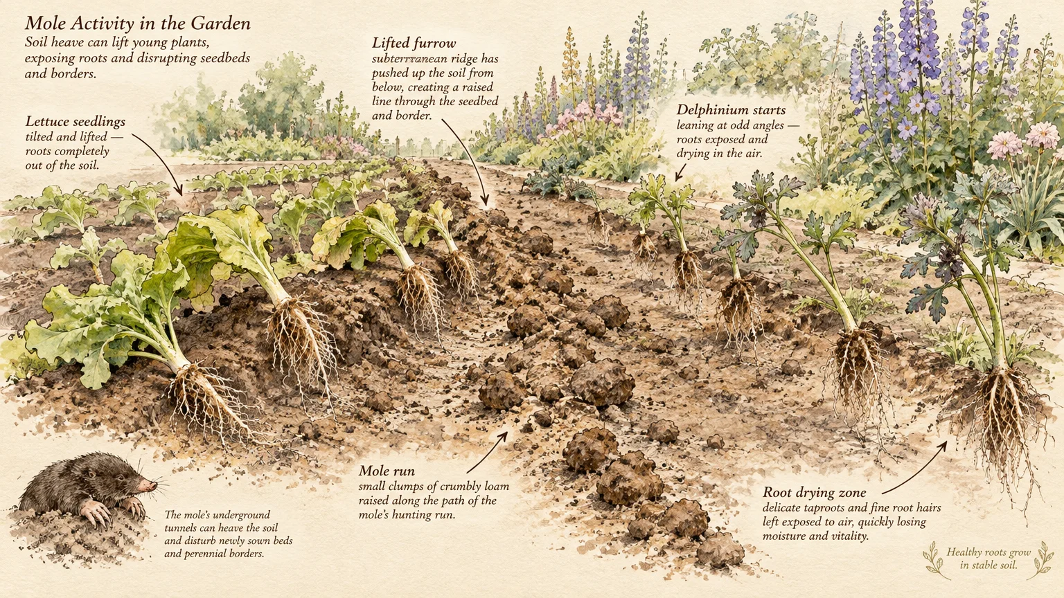 Illustration of garden soil heaved by a mole run, leaving seedling roots pushed out of the ground and exposed.