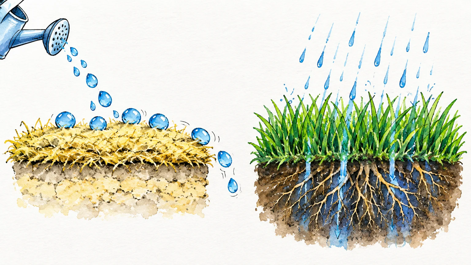 Watercolor illustration comparing water beading on dry yellow turf versus rain penetrating deep green grass and roots.