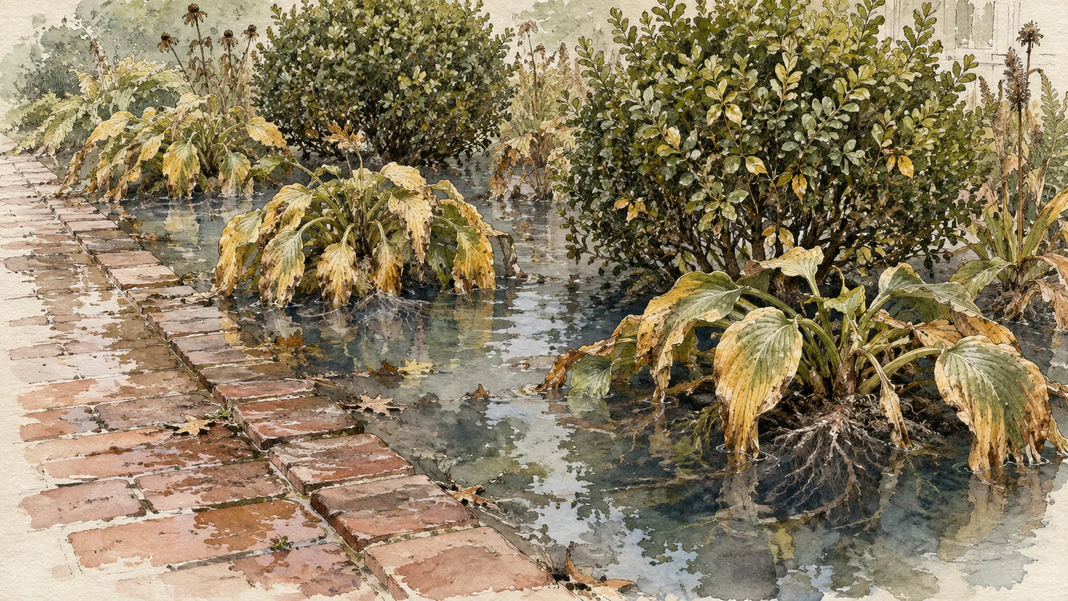 Watercolor illustration of a brick garden path bordering a flooded flower bed with waterlogged, yellowing plants.