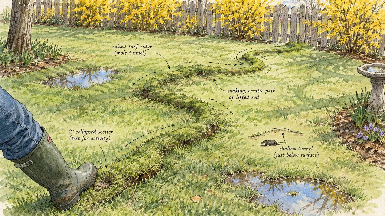 Illustration of a lawn with a raised mole tunnel, puddles, and a rubber boot pressing down a section of the ridge.
