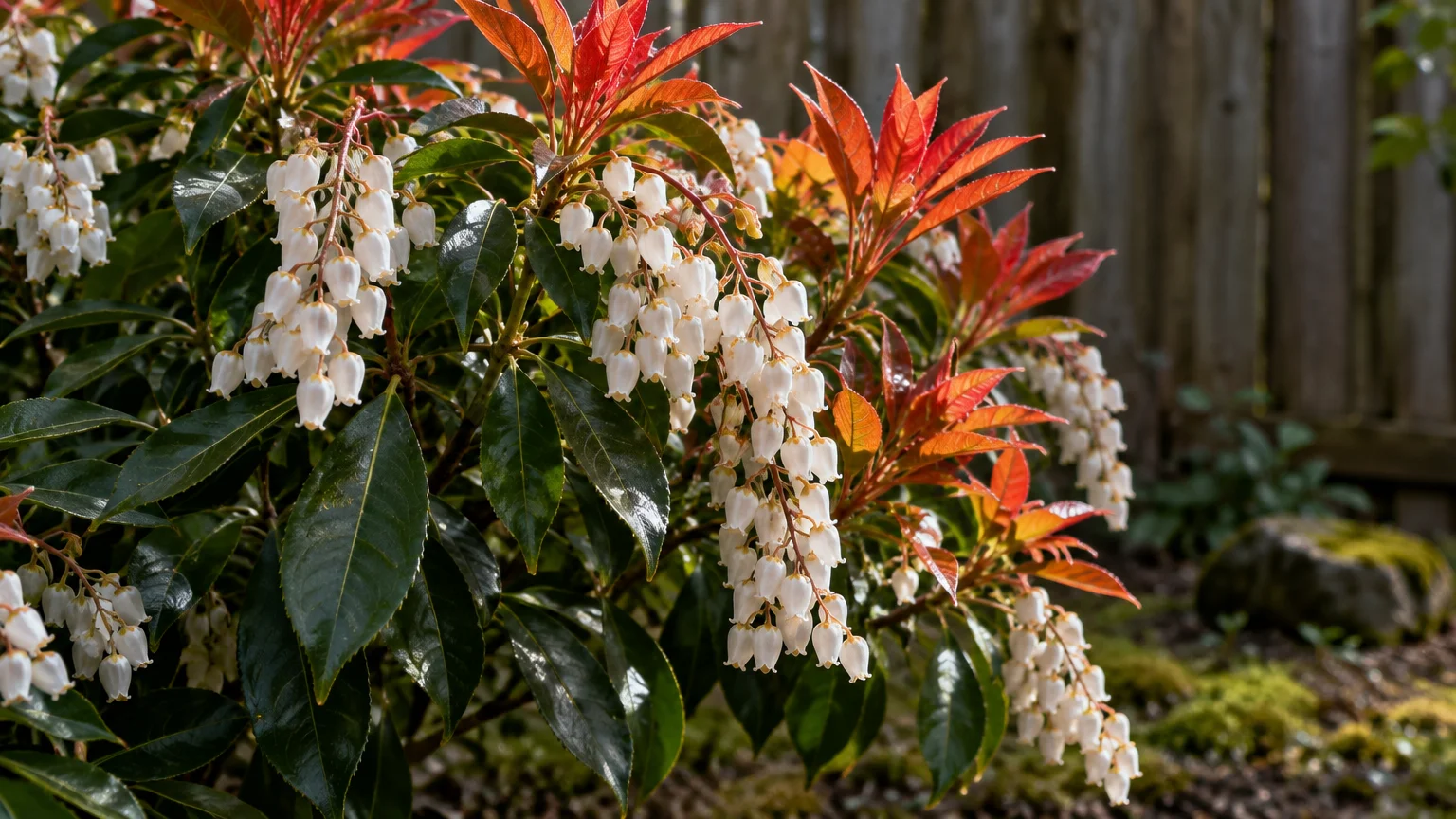 Japanese pieris shrub displaying drooping clusters of white bell-shaped flowers alongside bright red new leaf growth.