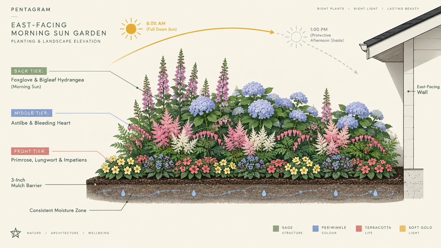 Diagram of an east-facing garden elevation with back, middle, and front planting tiers, soil moisture layer, and sun trajectory.