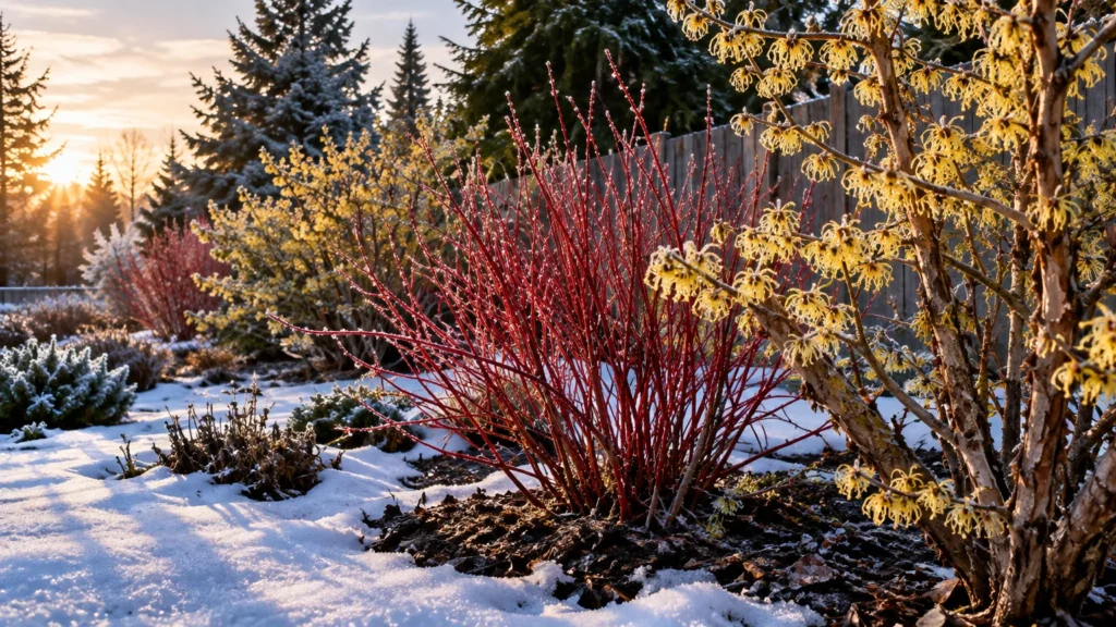 Bright red shrub branches and yellow blooming witch hazel stand in a snow-covered garden bed at sunrise.