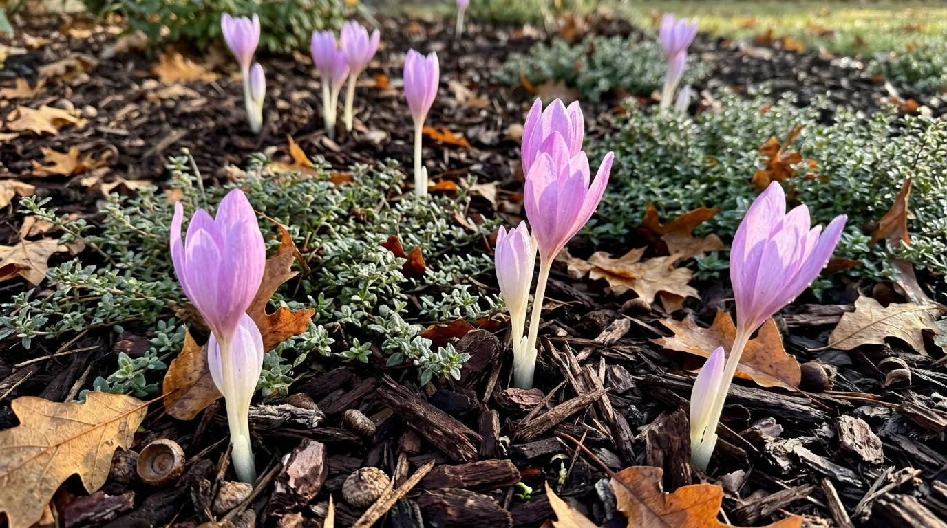 Light purple autumn crocus flowers blooming directly out of dark wood mulch and fallen autumn leaves.