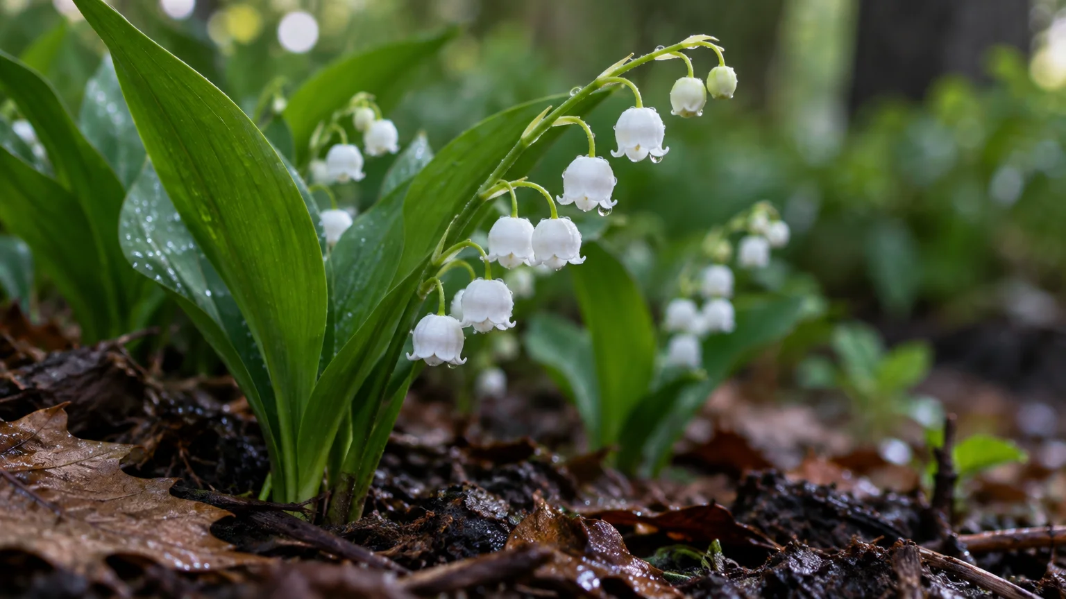 Close-up of dewy white bell-shaped lily of the valley flowers blooming on green stems above forest mulch.