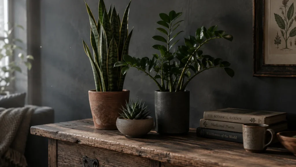 Potted indoor plants, books, and a ceramic mug arranged on a rustic wooden sideboard against a dark wall.
