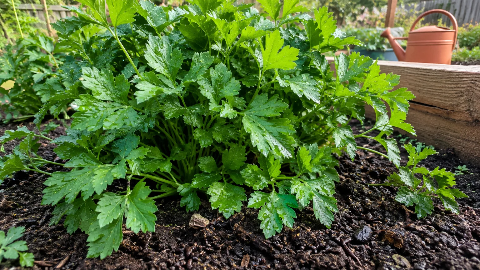 A lush mound of flat-leaf parsley growing in dark soil within a raised wooden garden bed beside a watering can.
