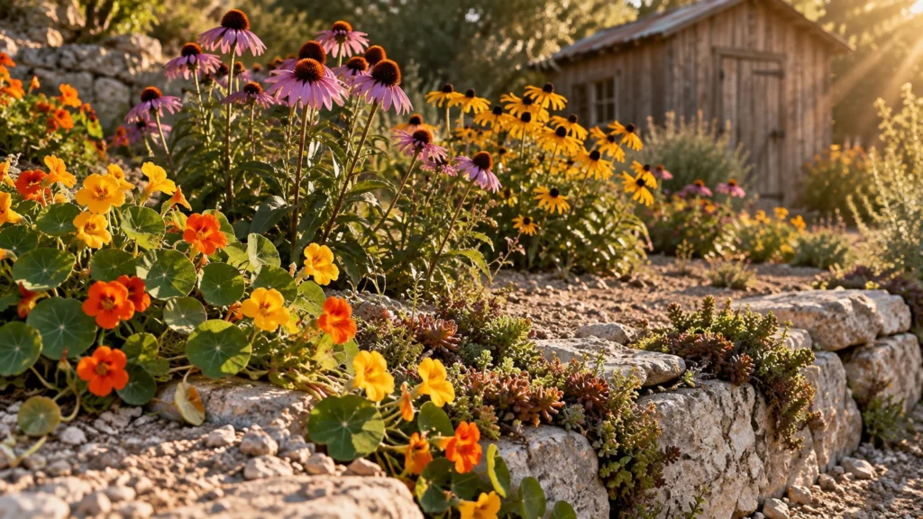 Colorful coneflowers, black-eyed Susans, and nasturtiums growing along a rocky retaining wall beside a wooden shed.