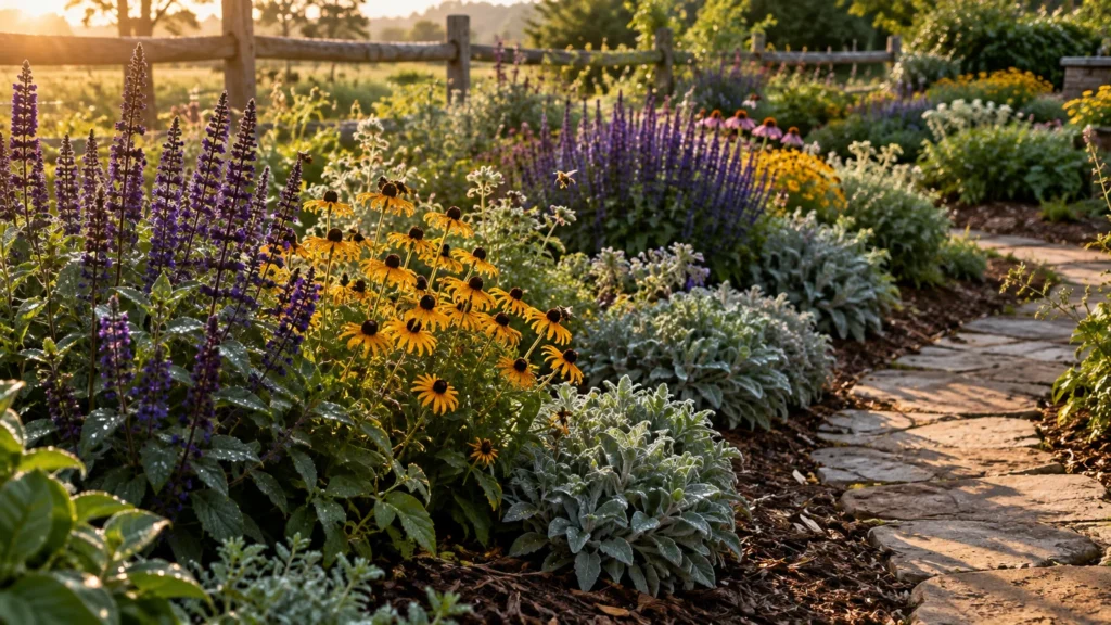 Clustered purple salvia, yellow black-eyed Susans, and silvery foliage bloom beside a stone garden path.