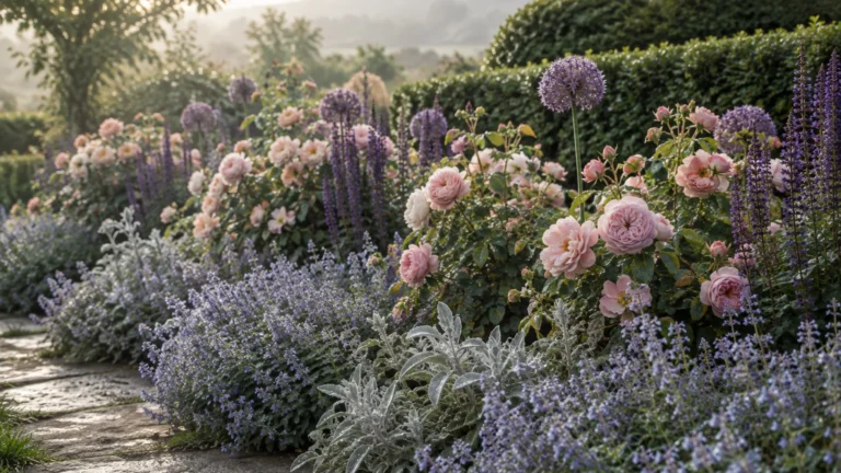 Garden border with pink roses, purple alliums, lavender spires, and silvery foliage lining a stone path.