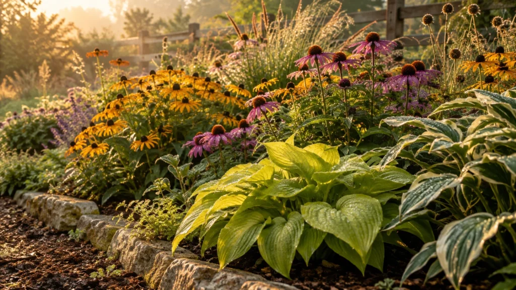 Morning sunlight illuminates a garden border planted with hostas, purple coneflowers, and black-eyed Susans along a stone edge.