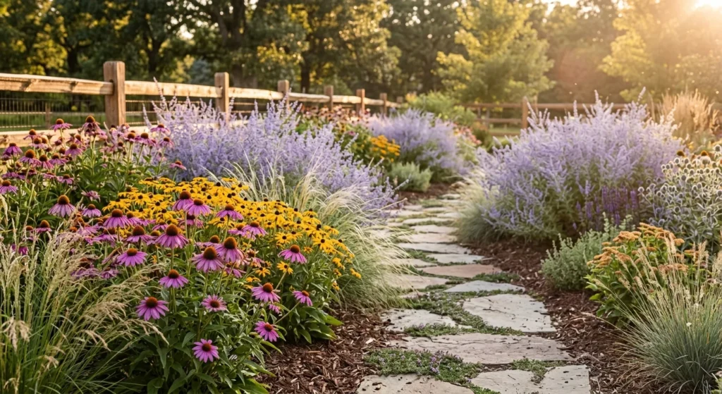 Stone garden path lined with blooming purple coneflowers, yellow flowers, and lavender beside a wooden fence.