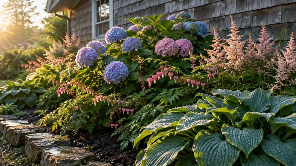 Blooming hydrangeas, bleeding hearts, astilbe, and hostas growing along a stone-edged garden bed in morning sunlight.