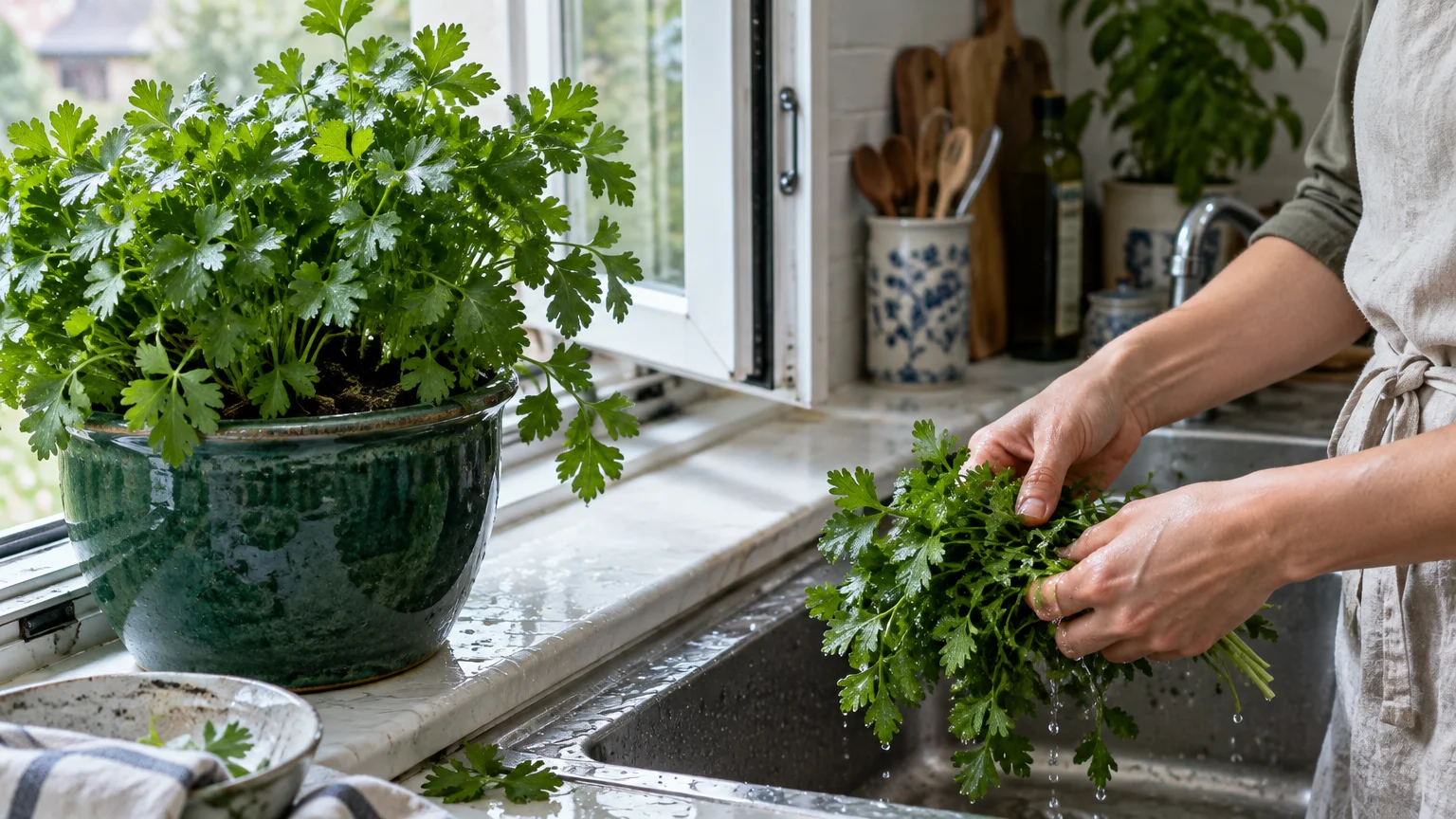 A person washes fresh parsley in a kitchen sink next to a potted parsley plant on the windowsill.