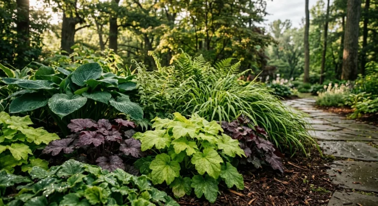 Garden bed with hostas, ferns, heuchera, and ornamental grasses bordering a wet stone path in a wooded area.
