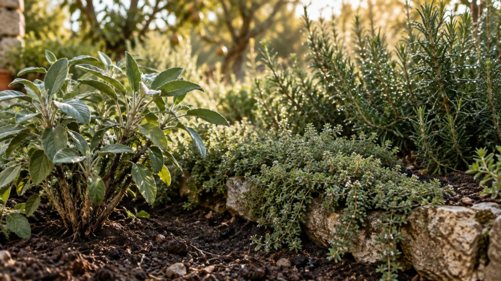 Fresh sage, thyme, and rosemary growing in dark ground soil bordered by stones in a sunlit garden bed.