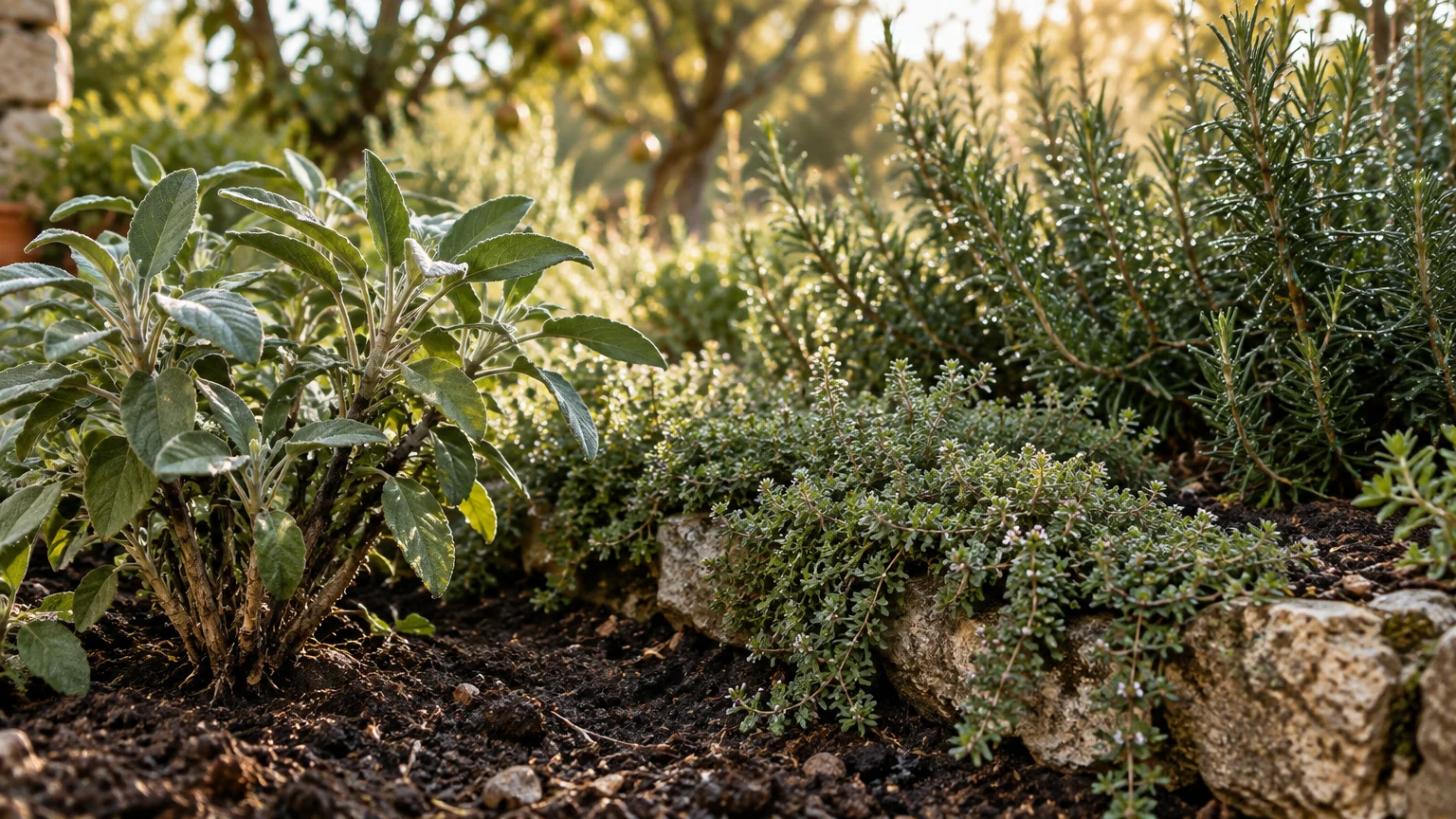 Fresh sage, thyme, and rosemary growing in dark ground soil bordered by stones in a sunlit garden bed.