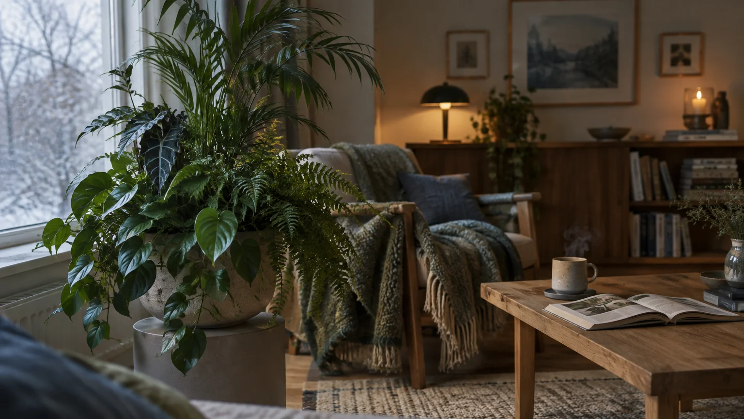 Lush potted houseplants sit beside a snowy window in a cozy living room with an armchair and coffee table.