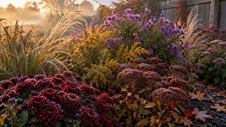 Frost-dusted garden bed with deep red chrysanthemums, purple asters, goldenrod, and ornamental grasses at sunrise.