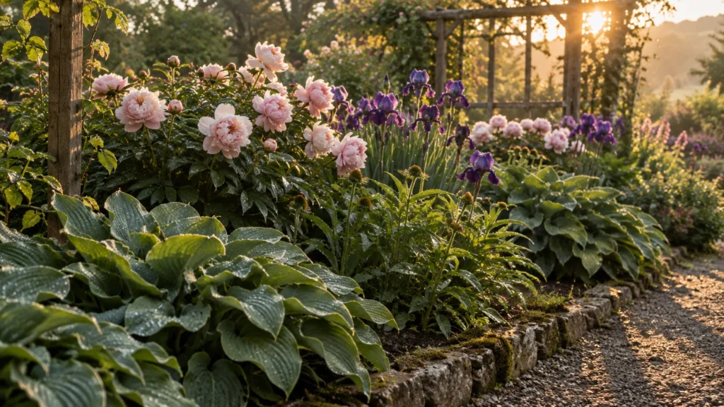 Garden border with blooming pink peonies, purple irises, and hostas lined with stone edging under morning sunlight.